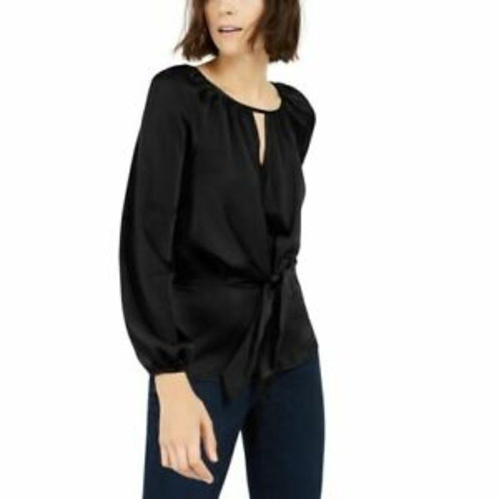 INC Pebbled Satin Tie-Front Blouse size XS in Black - NEW